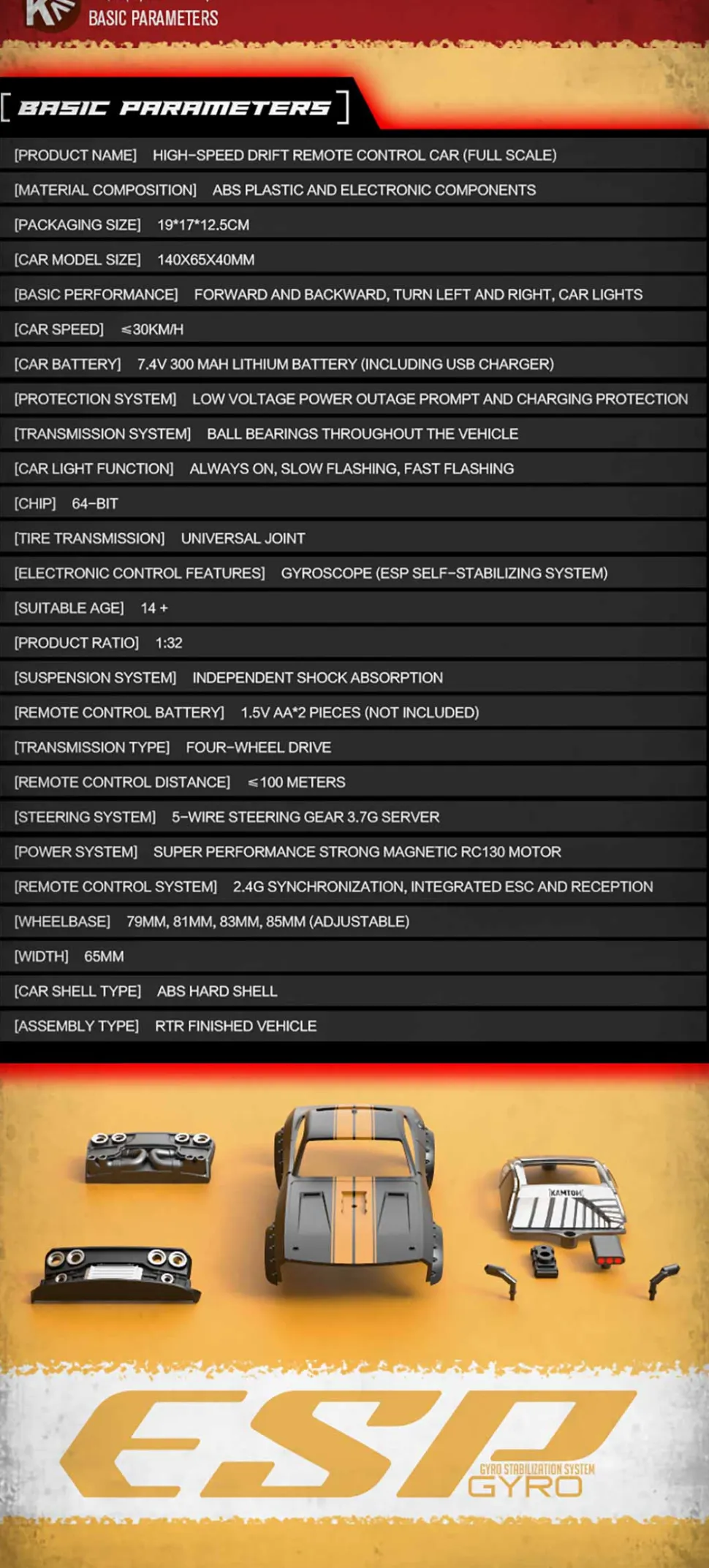 1/32 Scale 2.4G 4WD RC Drift Car with LED Headlights