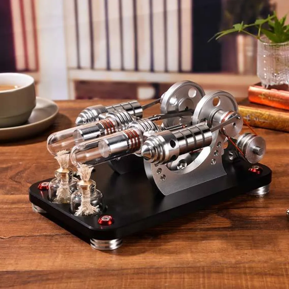 Stirling Engine Kit Two Cylinder Stirling Engine with Electricity Generator Model Gift Collection