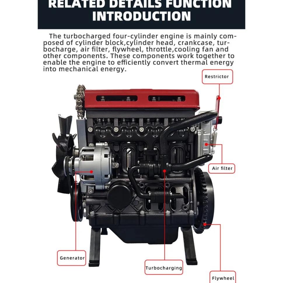 TECHING L4 Engine Model Kit that Works - Build Your Own Engine - Full Metal 4 Cylinder Car Engine Kit Car Engine Model Upgraded Version
