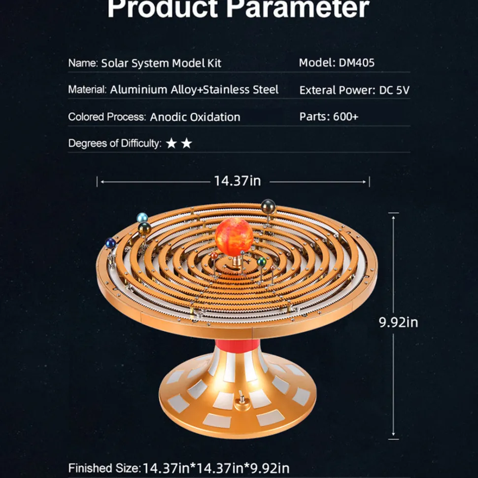 TECHING Metal DIY Mechanical Solar System Model Kit Dynamic Orbital Desk Ornament - 600+PCS