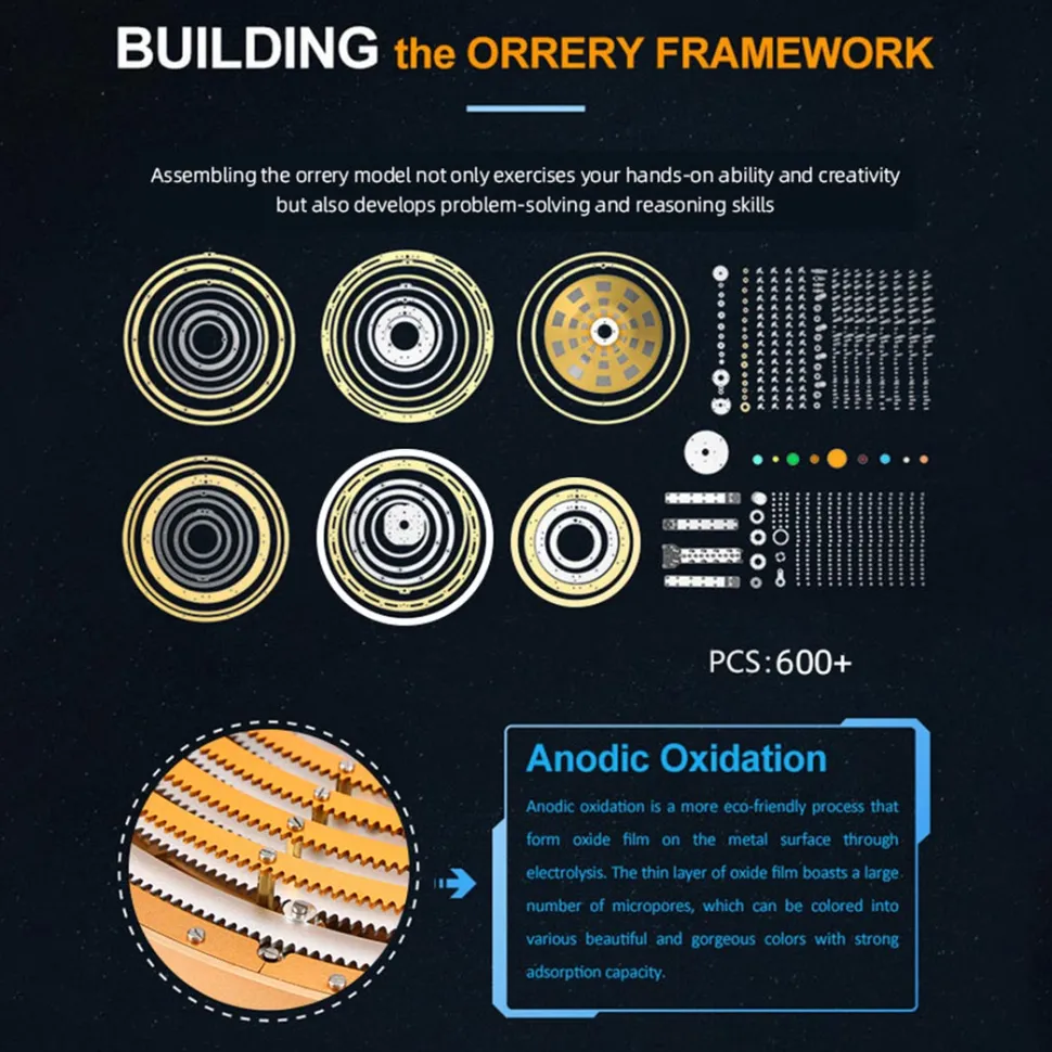 TECHING Metal DIY Mechanical Solar System Model Kit Dynamic Orbital Desk Ornament - 600+PCS