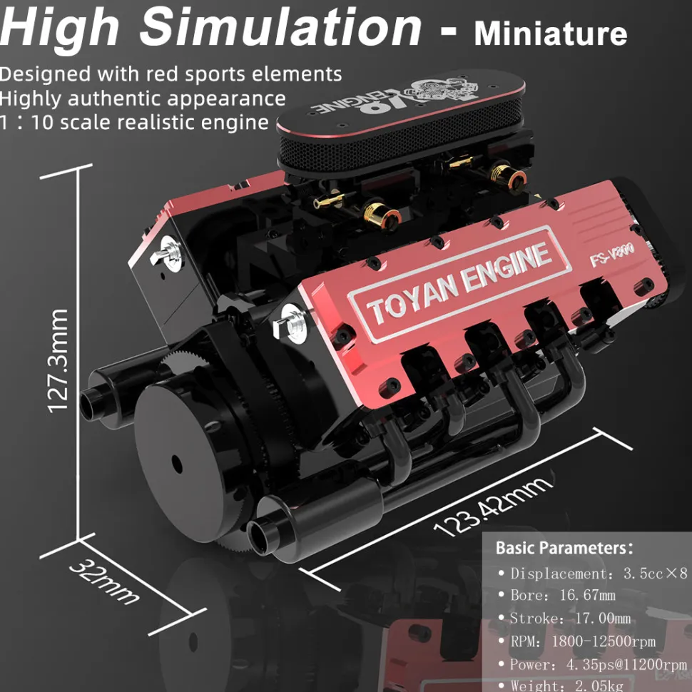 TOYAN V8 Engine FS-V800 28cc Nitro Engine - Build Your Own V8 Engine - V8 Engine Model Kit That Works