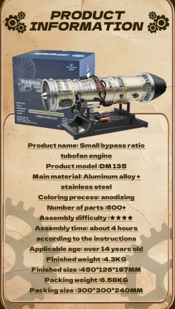 Turbofan Engine Model Kit that Works - Build Your Own Turbofan Engine - TECHING 1/10 Full Metal Electric Turbojet Engine Small Bypass Ratio Twin Rotor Aircraft Model DM135 600+Pcs