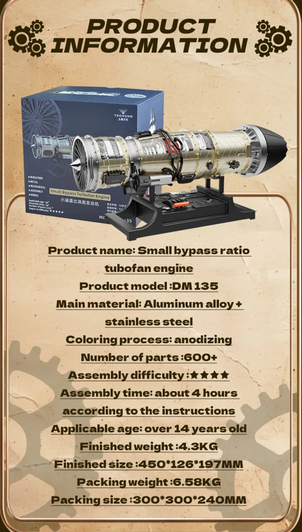 Turbofan Engine Model Kit that Works - Build Your Own Turbofan Engine - TECHING 1/10 Full Metal Electric Turbojet Engine Small Bypass Ratio Twin Rotor Aircraft Model DM135 600+Pcs