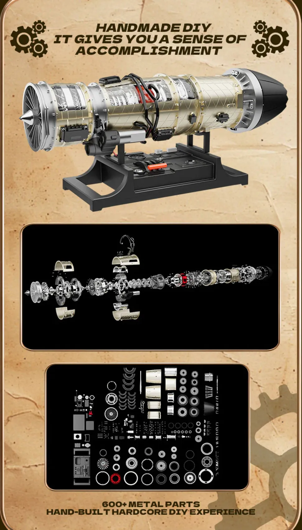 Turbofan Engine Model Kit that Works - Build Your Own Turbofan Engine - TECHING 1/10 Full Metal Electric Turbojet Engine Small Bypass Ratio Twin Rotor Aircraft Model DM135 600+Pcs