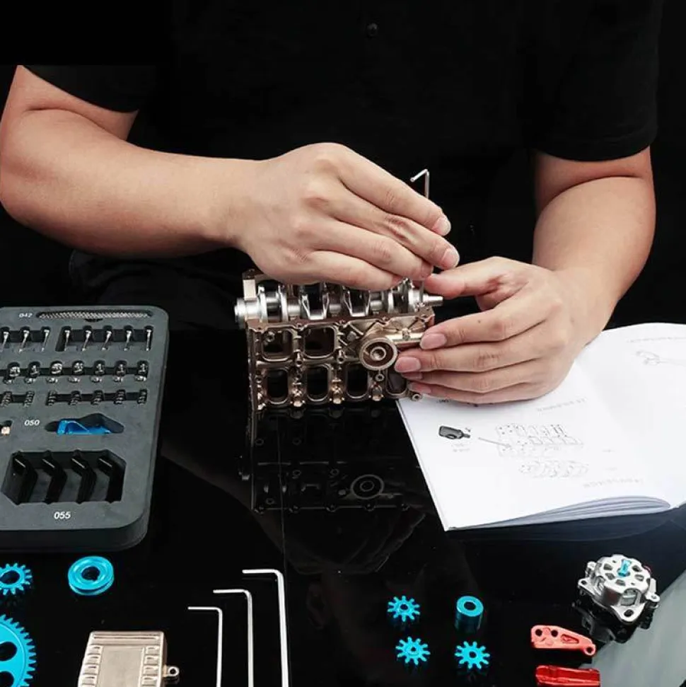 V4 Car Engine Assembly Kit Full Metal 4 Cylinder Car Engine Building Kit