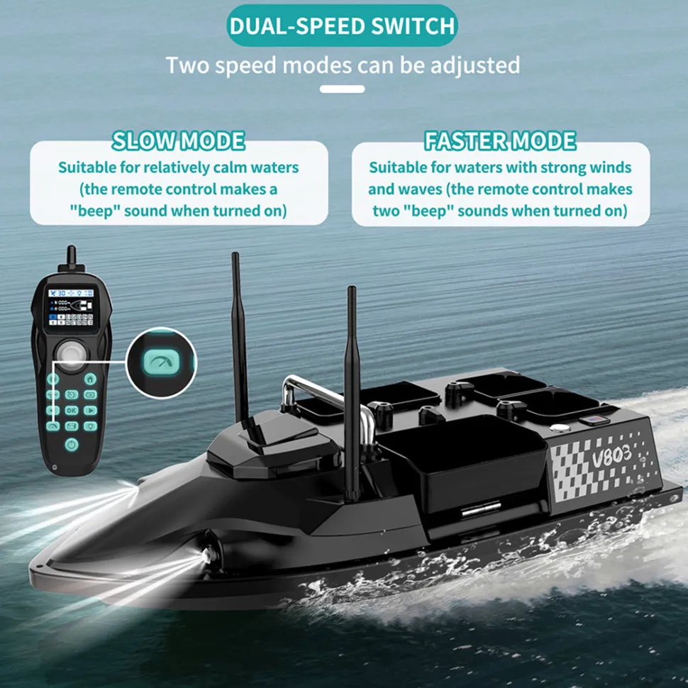 V803 RC Bait Boat - 4-Compartment, Dual Antenna, 4 Fishing Zones, 200 Waypoints