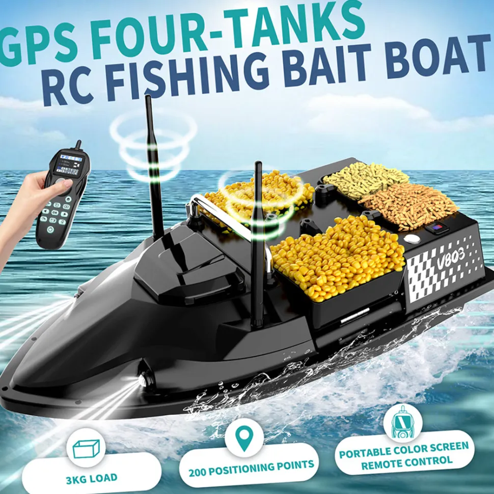 V803 RC Bait Boat - 4-Compartment, Dual Antenna, 4 Fishing Zones, 200 Waypoints