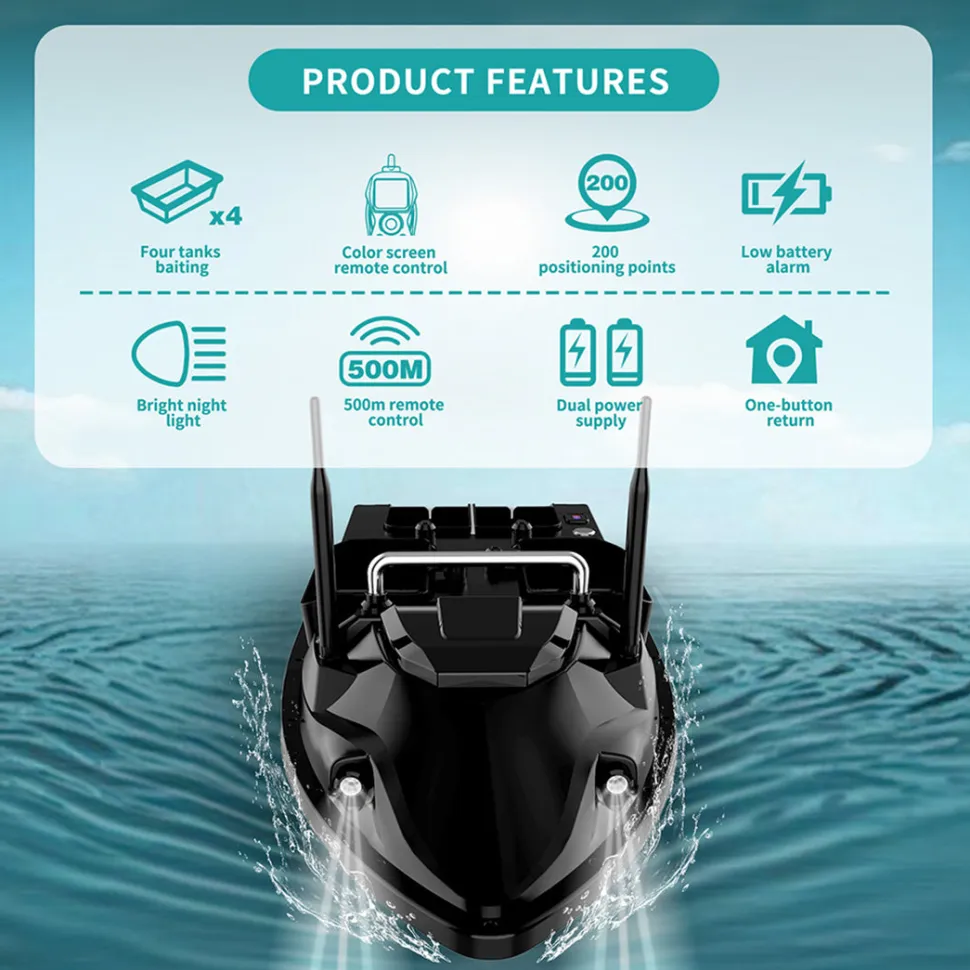 V803 RC Bait Boat - 4-Compartment, Dual Antenna, 4 Fishing Zones, 200 Waypoints