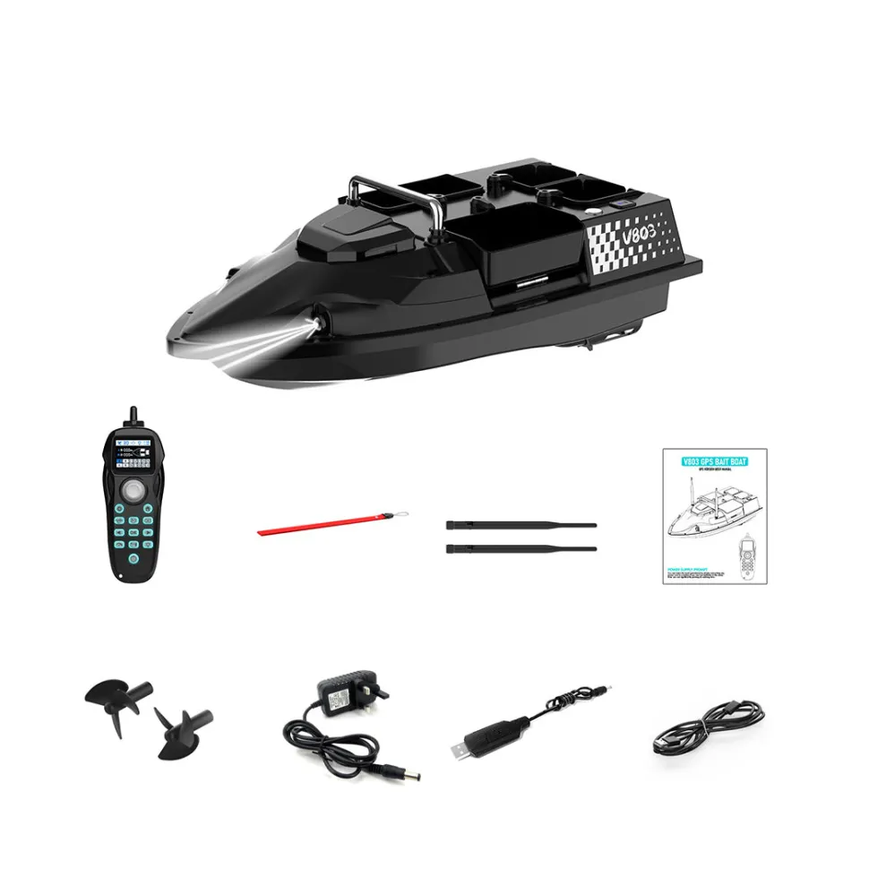V803 RC Bait Boat - 4-Compartment, Dual Antenna, 4 Fishing Zones, 200 Waypoints