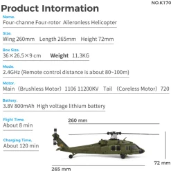 WL K170 Black Hawk UH-60L 170 Size 2.4G 4CH Flybarless RC Helicopter with Adjustable Left and right Hand Throttle (RTF Version)