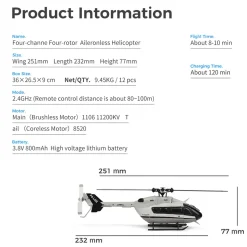 WL-K160 EC-145 160-Class 4-Prop 4CH Flybarless RC Helicopter with Adjustable Throttle