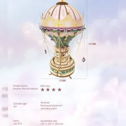 Wooden DIY Dream Hot Air Balloon Steampunk Music Box Model Kit - Handcrafted Gift