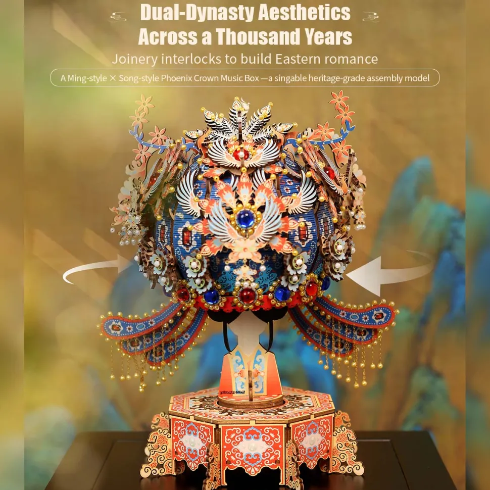 Wooden DIY Phoenix Crown Music Box Model Kit - Christmas Desk Decor