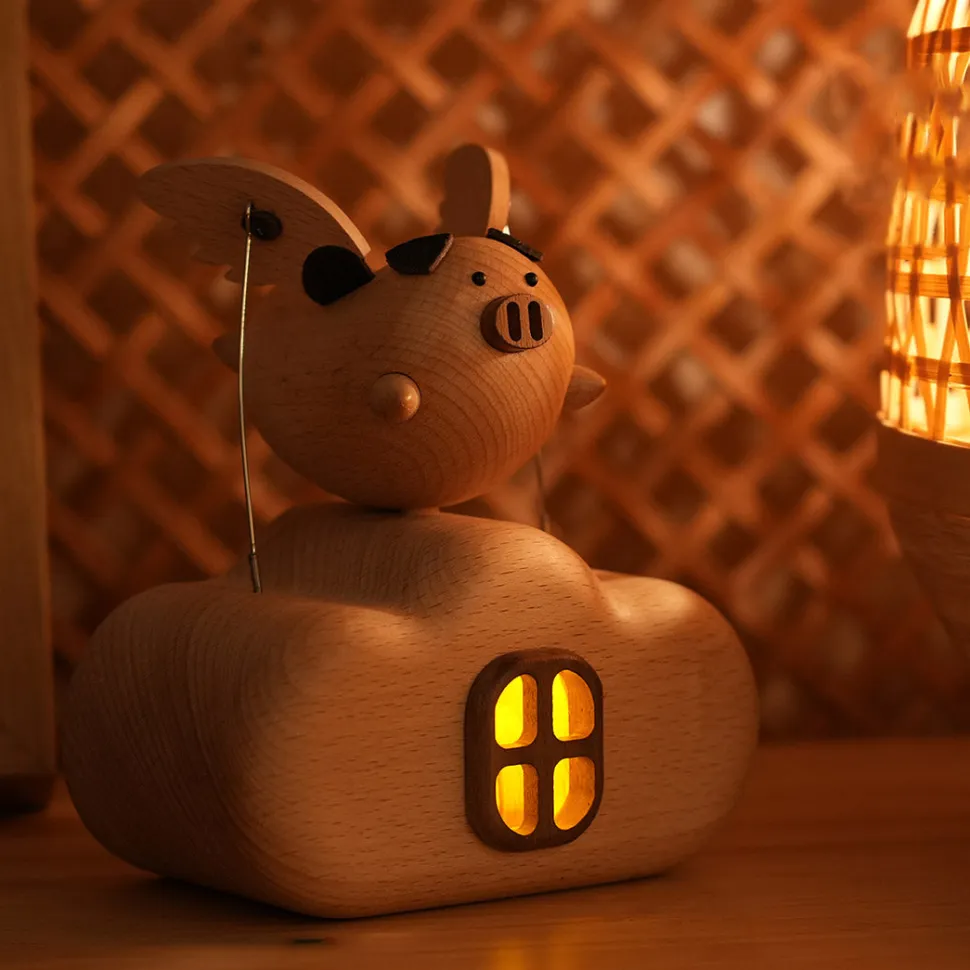 Wooden Illuminated Flying Pig Dynamic Model - Desktop Stress Relief Display (Non-Music Box)