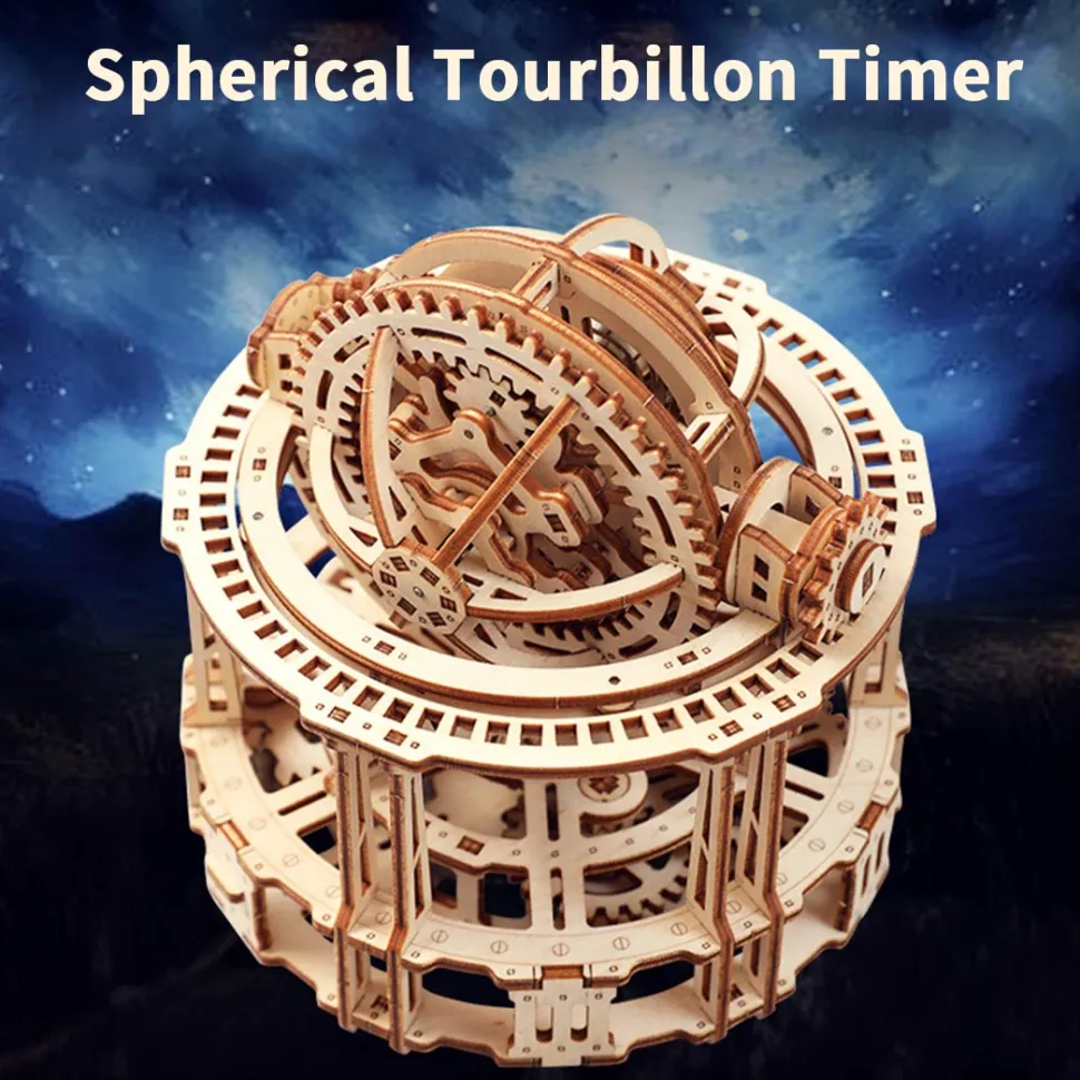 Wooden Tourbillon Timer 3D Assembly Model Kit with Mechanical Transmission