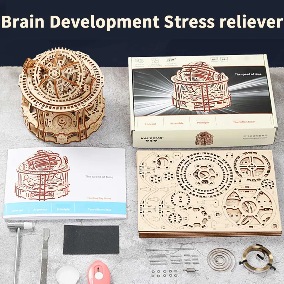 Wooden Tourbillon Timer 3D Assembly Model Kit with Mechanical Transmission