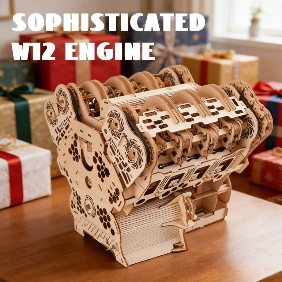 W12 Running Engine Model Kit 1400+ PCS Functional 3D Wooden Mechanical Car Engine