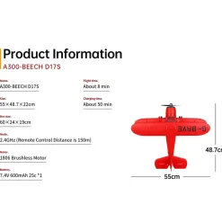 XK A300 Beech D17S Biplane 3D/6G 2.4G 4CH Brushless Scale RC Airplane Model, 550mm Wingspan EPP Fixed Wing Aircraft with Quick Release