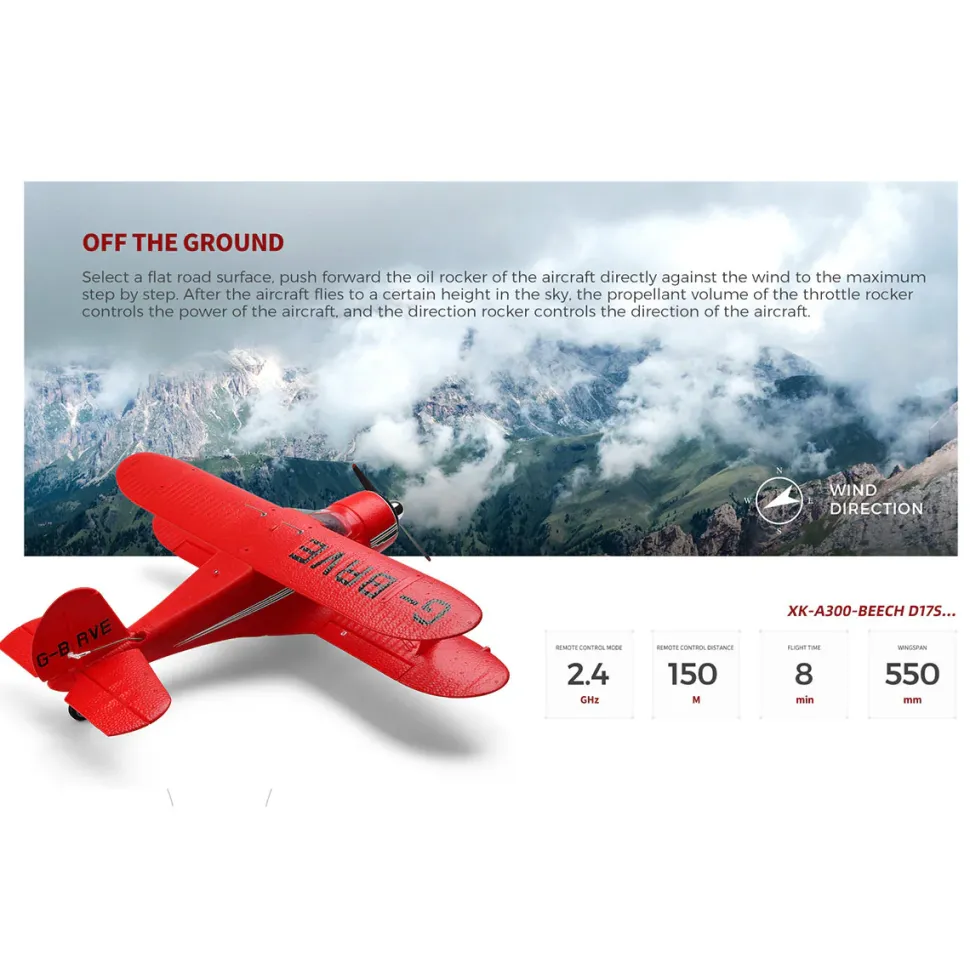 XK A300 Beech D17S Biplane 3D/6G 2.4G 4CH Brushless Scale RC Airplane Model, 550mm Wingspan EPP Fixed Wing Aircraft with Quick Release